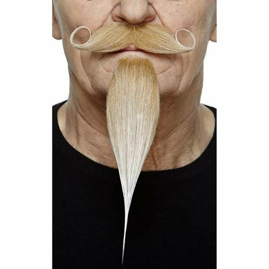 Närbild på en man som bär ett blont, uppsvängt mustaschset kombinerat med ett mycket långt och spetsigt blont getskägg.