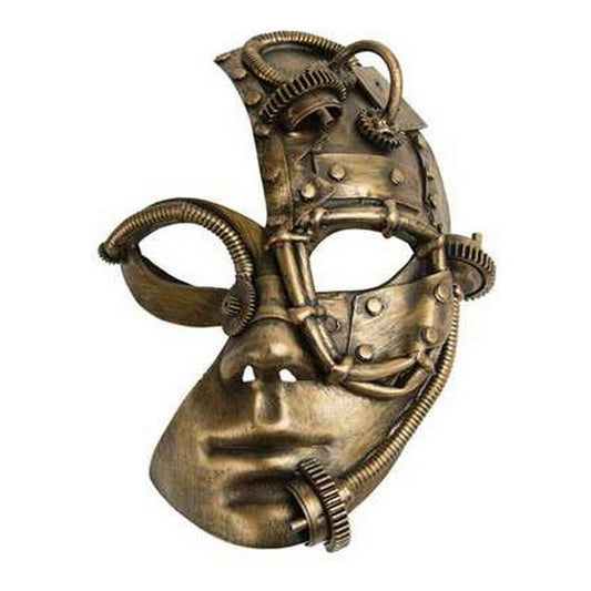En detaljerad halvmask i bronsfärgad steampunk-stil som täcker ena ansiktshalvan och är dekorerad med kugghjul, rör och nitar, vilket ger ett mekaniskt, fantomen-liknande utseende.