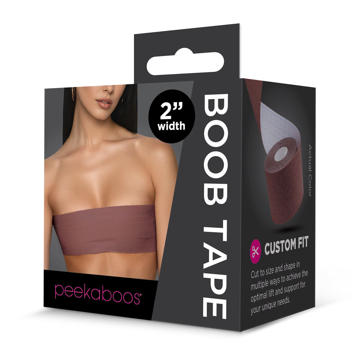 En produktförpackning för Peekaboos Boob Tape i en mörkbrun nyans som visas applicerad horisontellt på en modell.