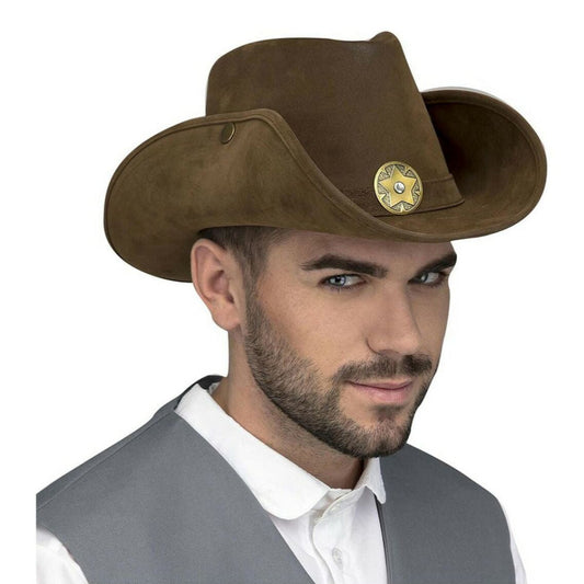 En brun cowboyhatt med en guldfärgad sheriffstjärna framtill, perfekt för en klassisk vilda västern-utklädnad, bärs av en man med svart kort stubbskägg.