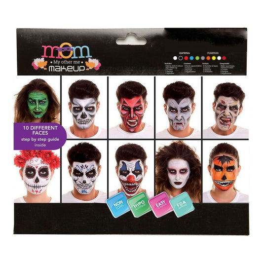 En förpackning för ett deluxe halloweensmink-kit som visar 10 olika läskiga och avancerade ansiktsmålningar för vuxna.