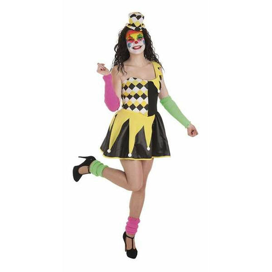 En glad kvinna med clownsmink poserar i en Busig Harlekin Clowndräkt med en matchande minihatt, färgglada arm- och benvärmare och svarta klackskor.