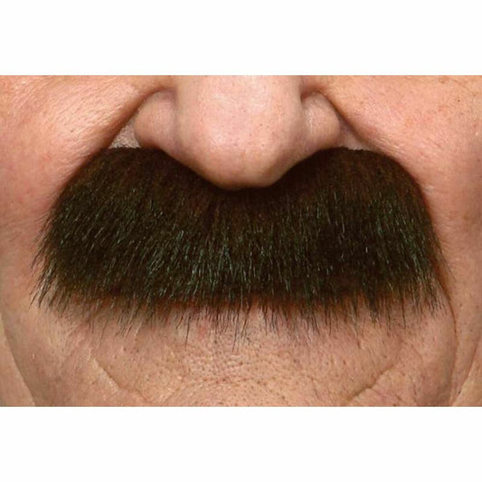 En närbild på en man som bär en tjock, Buskig Brun Lösmustasch.