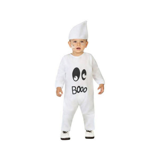 En bebis klädd i en vit spökdräkt med svarta ögon och texten "Boo!" samt en matchande spetsig hatt.