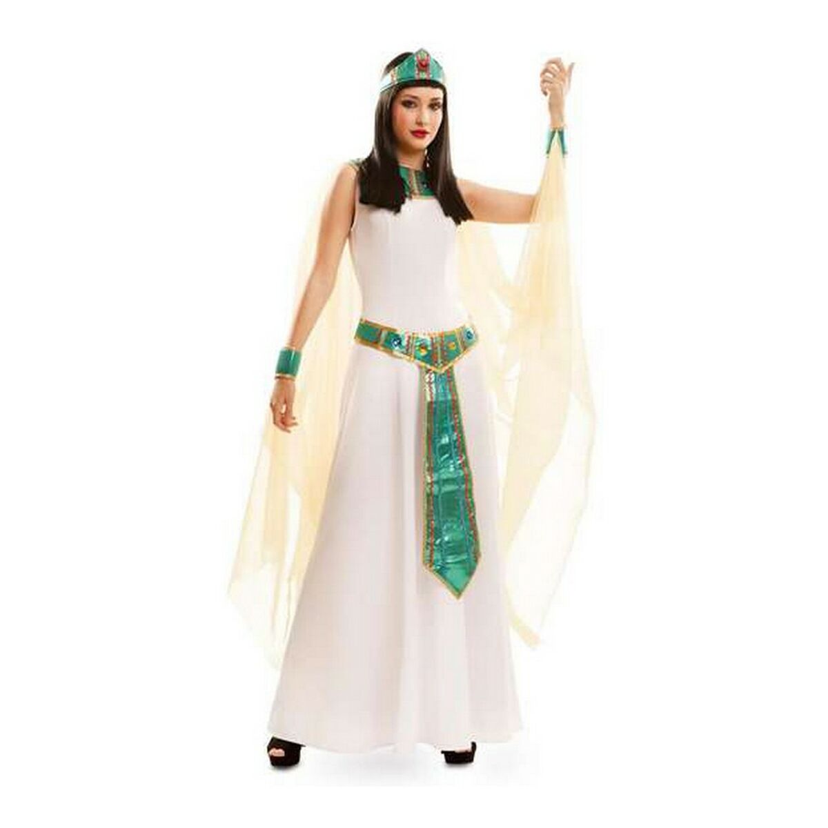 Kvinna i lång, vit Cleopatra-klänning med turkost bälte, huvudkrona och guldfärgade slöjor, poserar med ena armen upplyft i egyptisk stil.