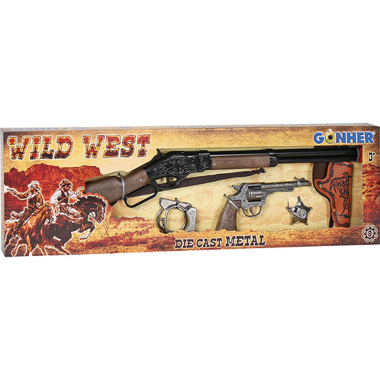 Ett komplett vilda västern lekset med gevär, pistol, hölster, handklovar och stjärna, presenterat i sin "Wild West" tematiserade kartongförpackning.