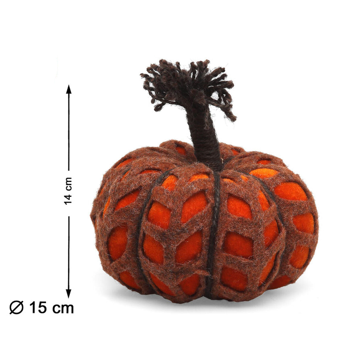 Den orangea och bruna filtpumpan visas med pilar som indikerar en höjd på 14 cm och en diameter på 15 cm.