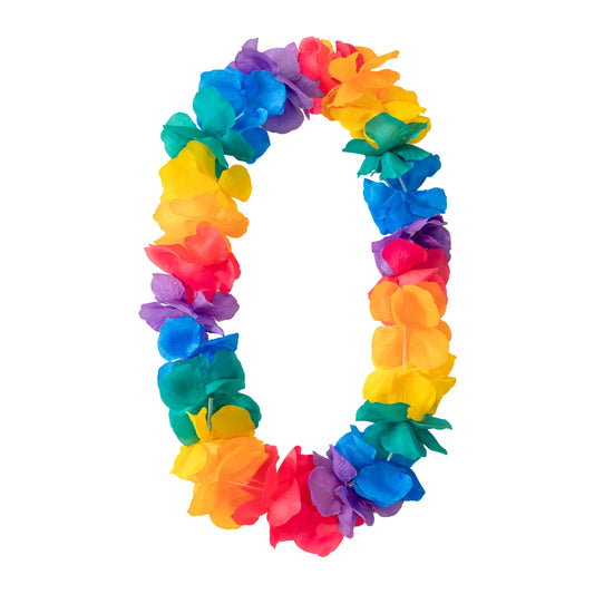 En deluxe hawaiikrans med stora tygblommor i gult, orange, rosa, blått, grönt och lila mot vit bakgrund.