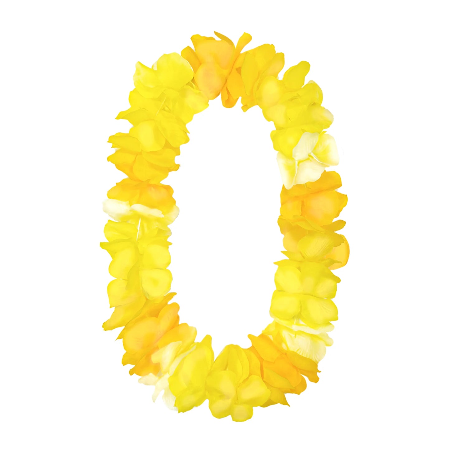 En deluxe hawaiikrans lei med stora tygblommor i gula och ljusa nyanser hänger i oval form mot vit bakgrund.