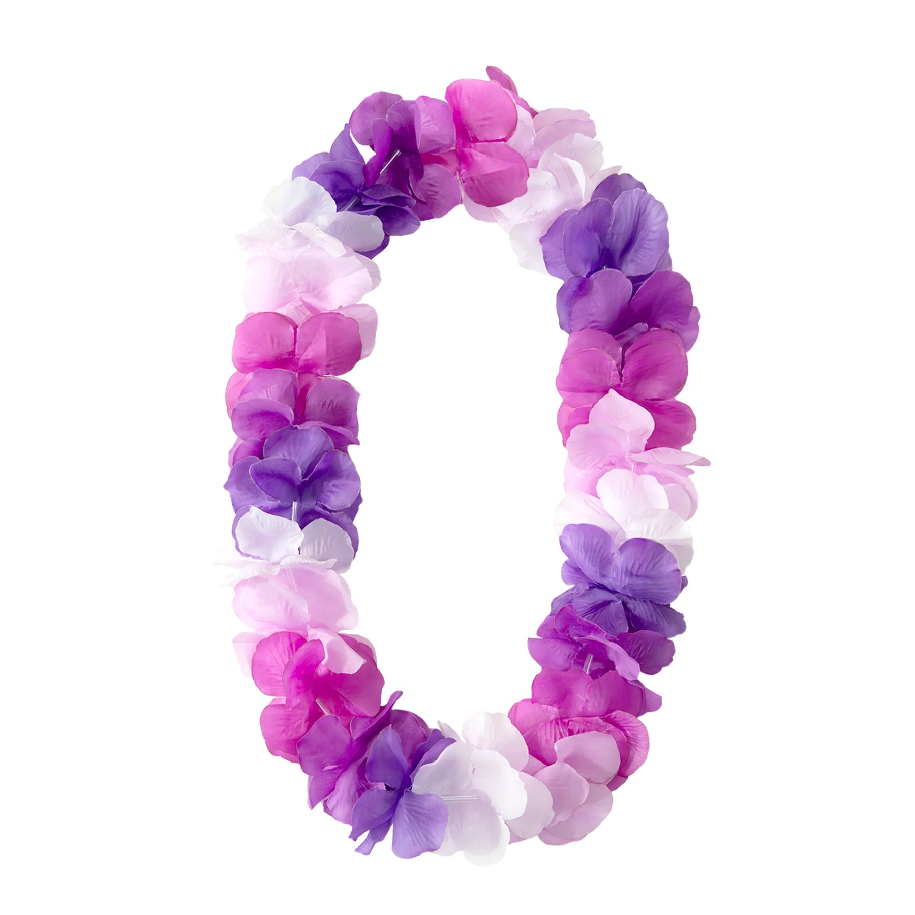 En deluxe hawaiikrans lei med stora tygblommor i lila, rosa, ljusrosa och vitt hänger i oval form mot vit bakgrund.