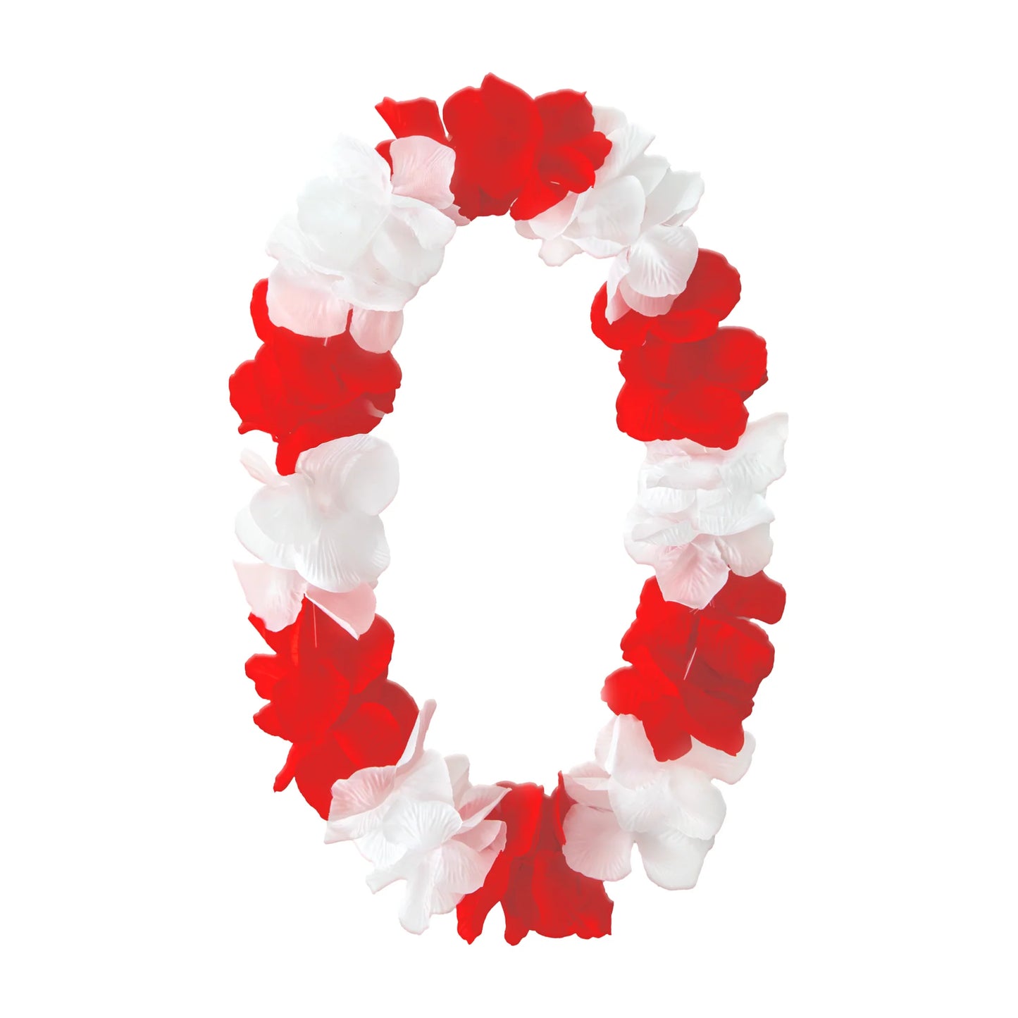 En deluxe hawaiikrans lei med stora tygblommor i rött och vitt hänger i oval form mot vit bakgrund.