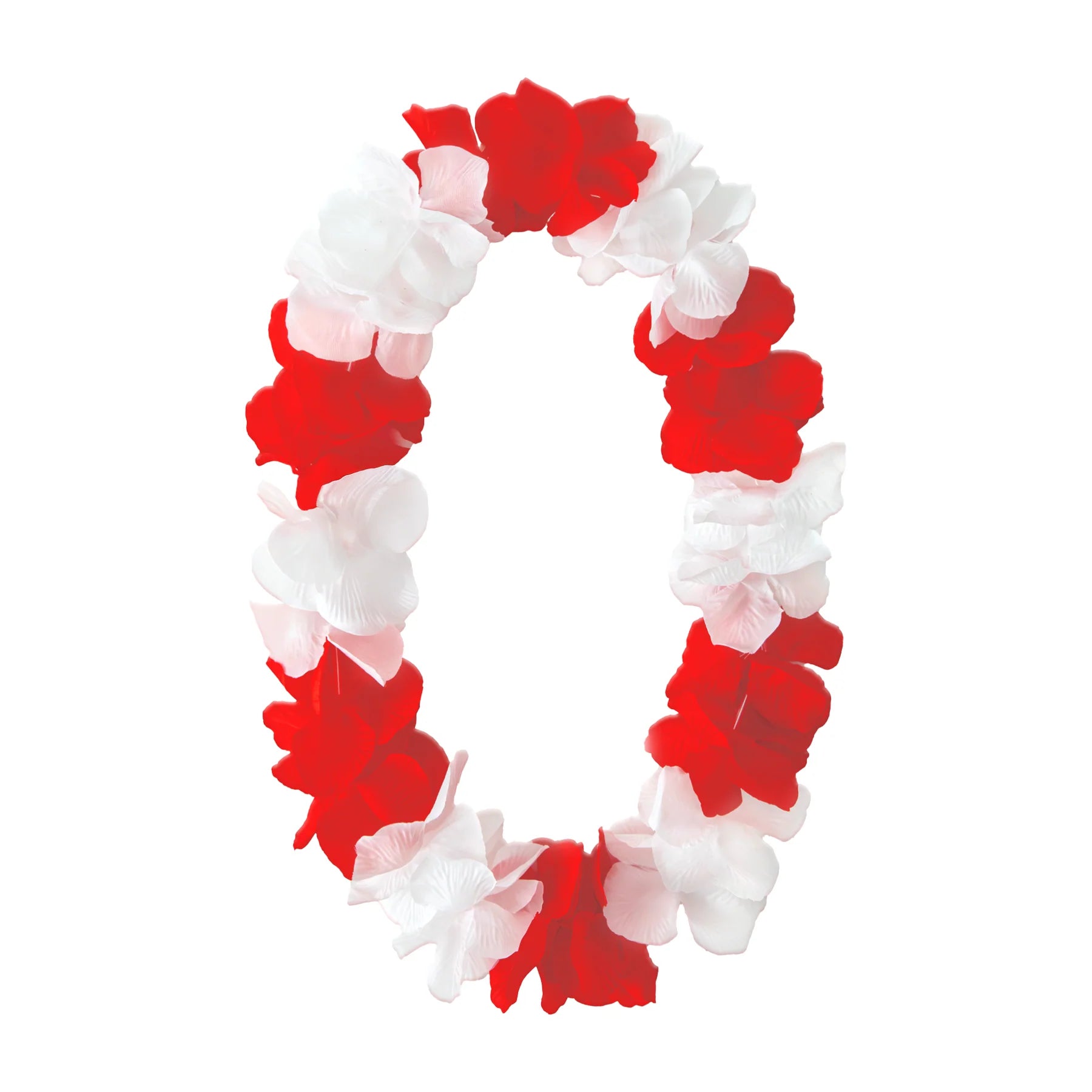 En deluxe hawaiikrans lei med stora tygblommor i rött och vitt hänger i oval form mot vit bakgrund.