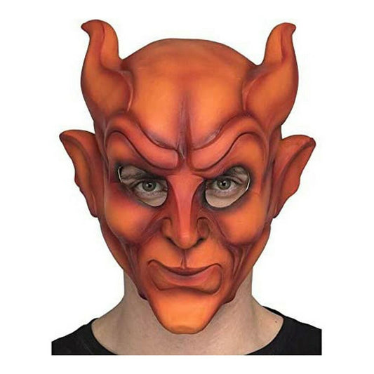 En person bär en Demonisk Röd Djävulsmask i latex, med ett elakt ansiktsuttryck och spetsiga horn.