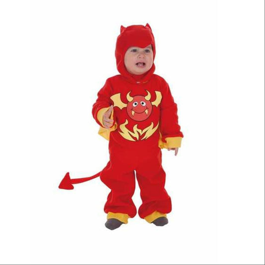 Bebis i Diablo djävulsdräkt med röd huva, horn, eldtryck och svans, skrattvänlig maskeradoutfit för barn 18–24 månader.