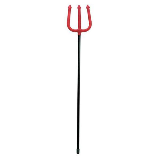 Röd djävulsgaffel i plast med svart skaft, cirka 95 cm lång.