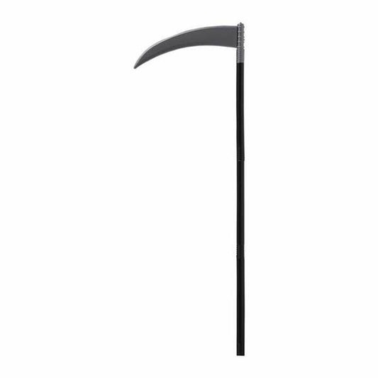 En svart leksakslie för barn med ett silverfärgat, böjt blad, fotograferad stående i sin helhet mot en ren, vit bakgrund.