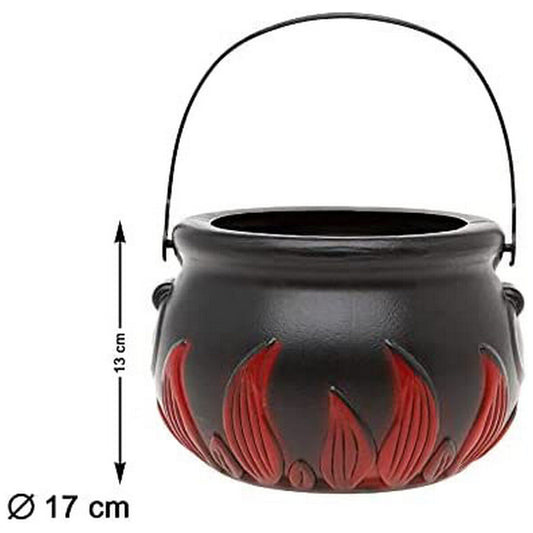 En svart häxkittel med röda eldflammor och ett handtag, med måttangivelser som visar 13 cm på höjden och 17 cm i diameter.