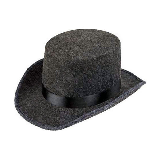 En klassisk, hög cylinderhatt i mörkgrå filt med ett brett, svart sidenband runt basen.