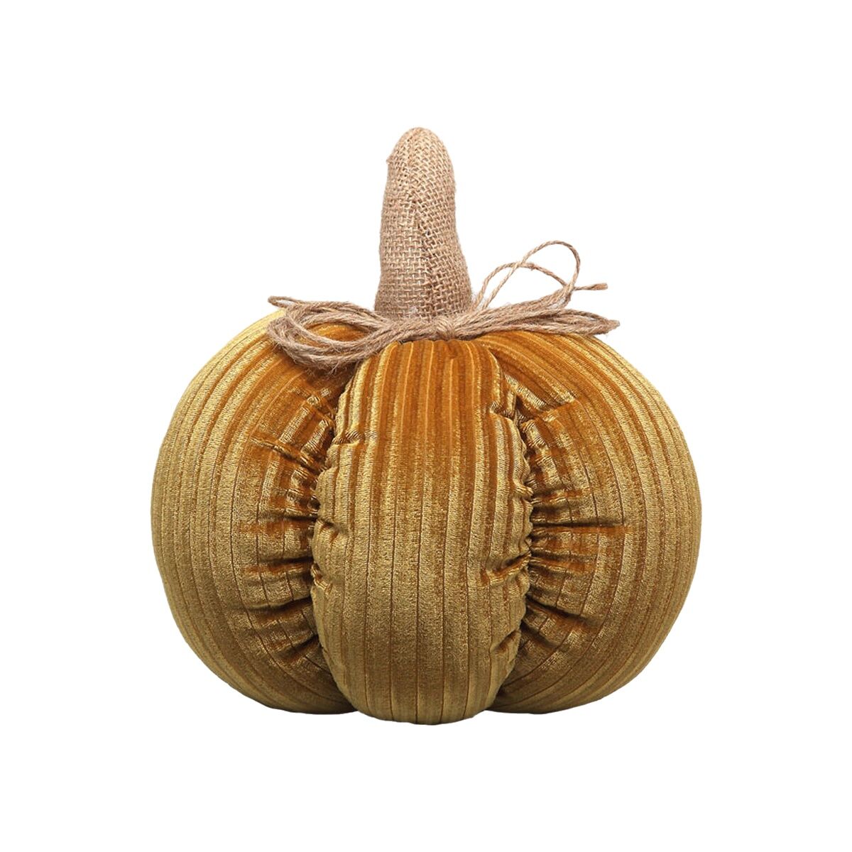 En mjuk och elegant pumpa i gyllene, ribbat sammetstyg, med en rustik stjälk av säckväv och ett jutesnöre.