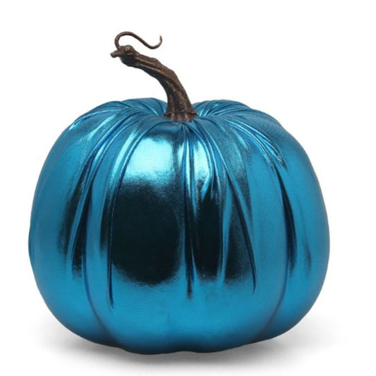 En Elegant Metallisk Blå Pumpa med en skimrande yta och en brun, böjd stjälk.