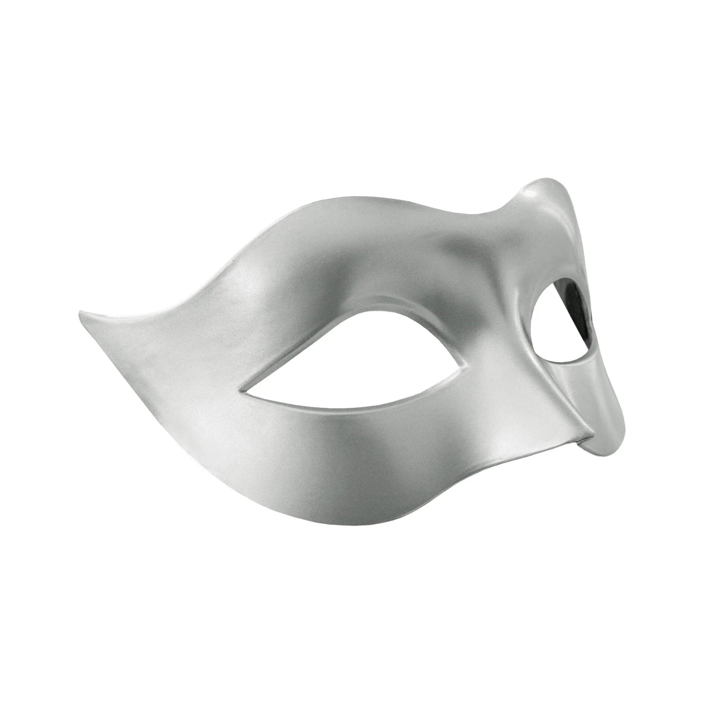 En silverfärgad carnival ögonmask med formad näsdel och mjukt rundad design visas snett mot vit bakgrund.