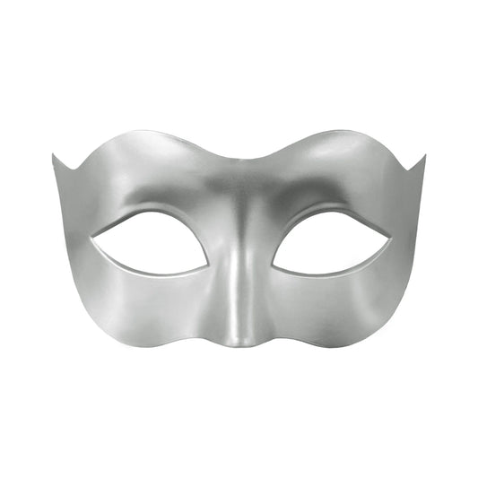 En silverfärgad carnival ögonmask med två ögonöppningar och markerad näsform visas rakt framifrån mot vit bakgrund.