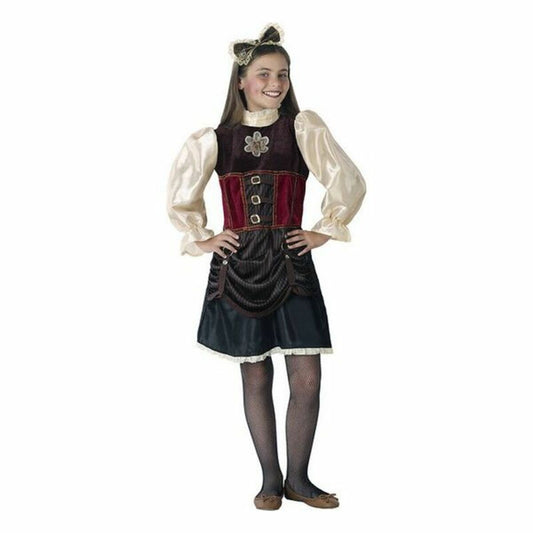 Ett barn poserar i en elegant steampunk-dräkt med en vinröd väst, puffärmar och en kjol med mekaniska detaljer.