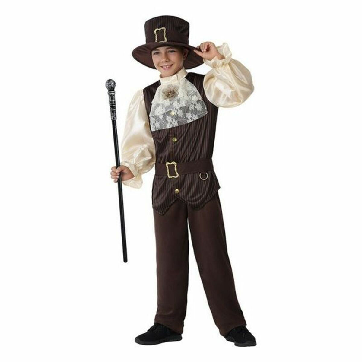 En pojke poserar i en komplett, Elegant Steampunk Uppfinnare Barndräkt, med en hög brun hatt och en käpp.