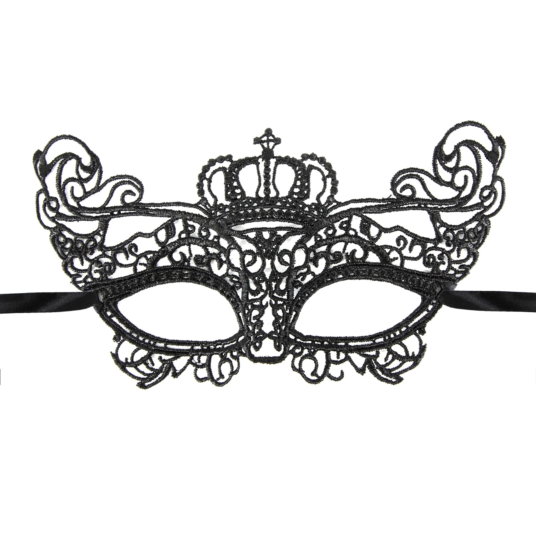 En elegant svart ögonmask i spets med dekorativ krona upptill och svarta knytband mot ljus bakgrund.