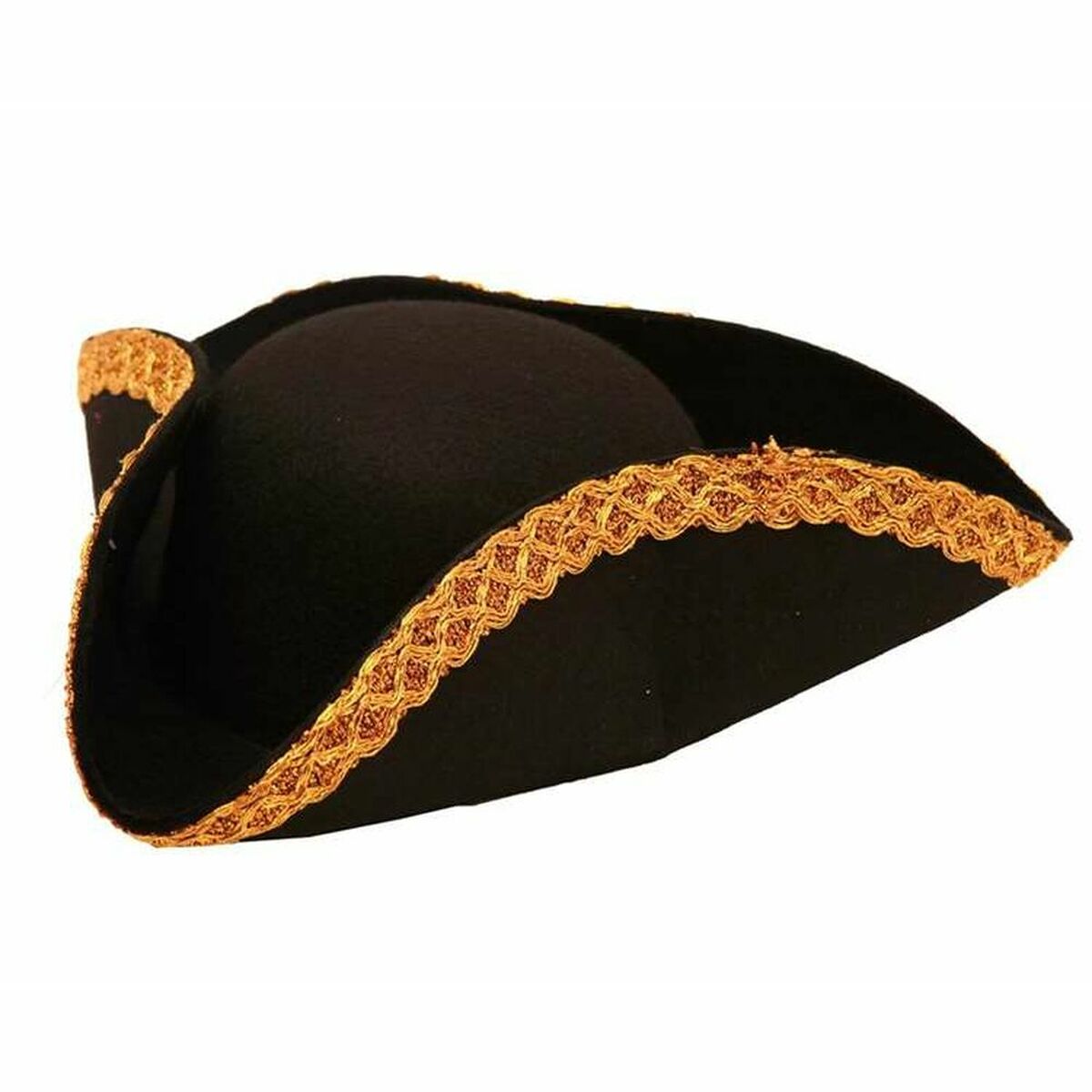 En elegant, trekantig svart pirathatt med en vacker, flätad guldkant, perfekt för en kapten.