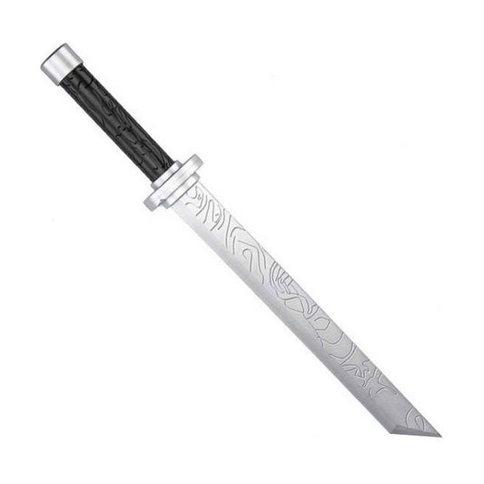 Ett Elegant Utsmyckat Ninjasvärd i plast med ett silverfärgat, graverat blad och ett svart handtag.
