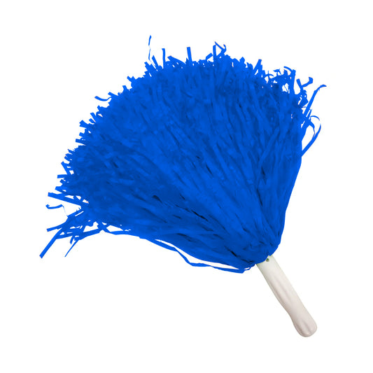 En fluffig, blå pom-pom med ett vitt plasthandtag.
