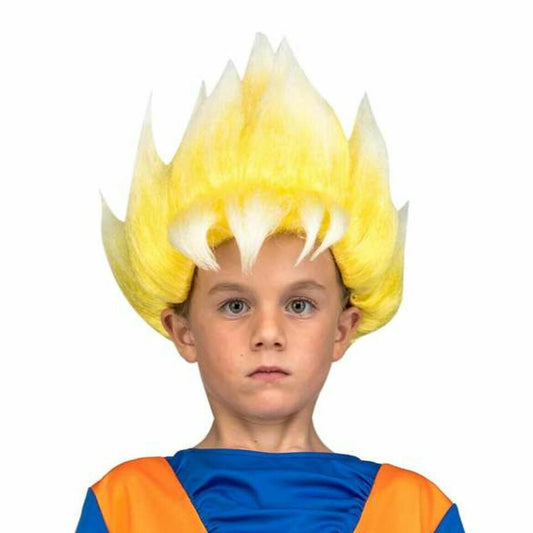 Ett barn poserar med en seriös min i en episk, gul och spikig Super Saiyan-peruk.