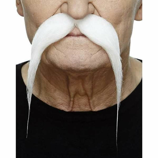 Närbild på en äldre mans ansikte med en stor, fluffig, vit mustasch som har långa, spetsiga ändar som hänger ner mot bröstet.