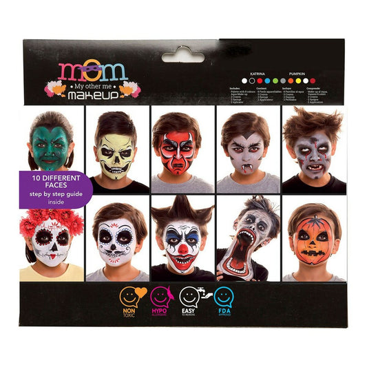 En förpackning för ett deluxe halloweensmink-kit som visar 10 olika läskiga och coola ansiktsmålningar för barn.