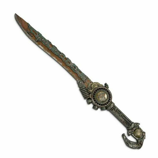 Ett stort och otroligt detaljerat, men säkert, leksakssvärd i foam med steampunk-tema, med ett rostigt blad förstärkt med en kedja och ett mekaniskt fäste med kugghjul.