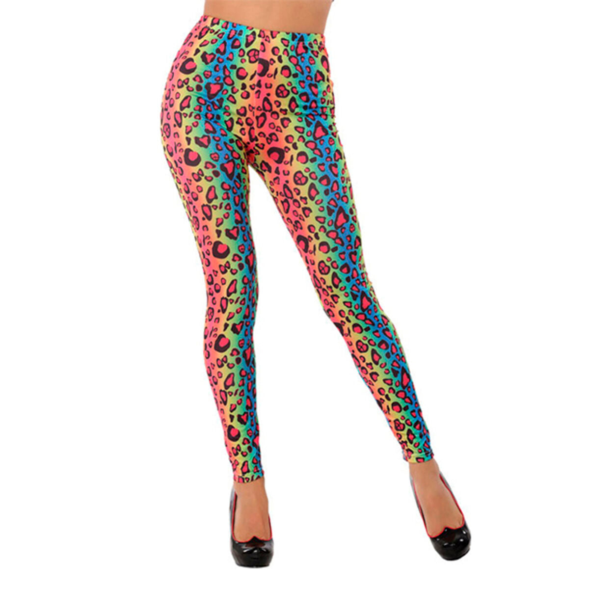 En person poserar i ett par explosiva, tajta leggings med ett leopardmönster i regnbågens alla neonfärger.