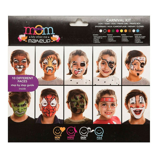 En förpackning för ett "Carnival Kit" barnsmink-set som visar 10 olika roliga och söta ansiktsmålningar som tiger, superhjälte och clown.