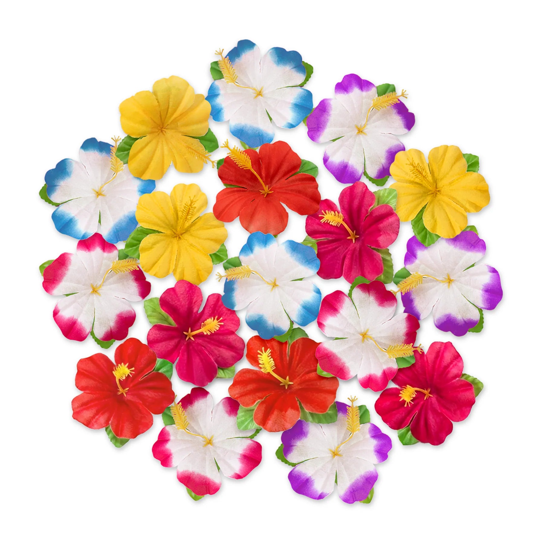 En samling färgglada Hawaii tygblommor i blandade färger ligger tätt tillsammans mot vit bakgrund.