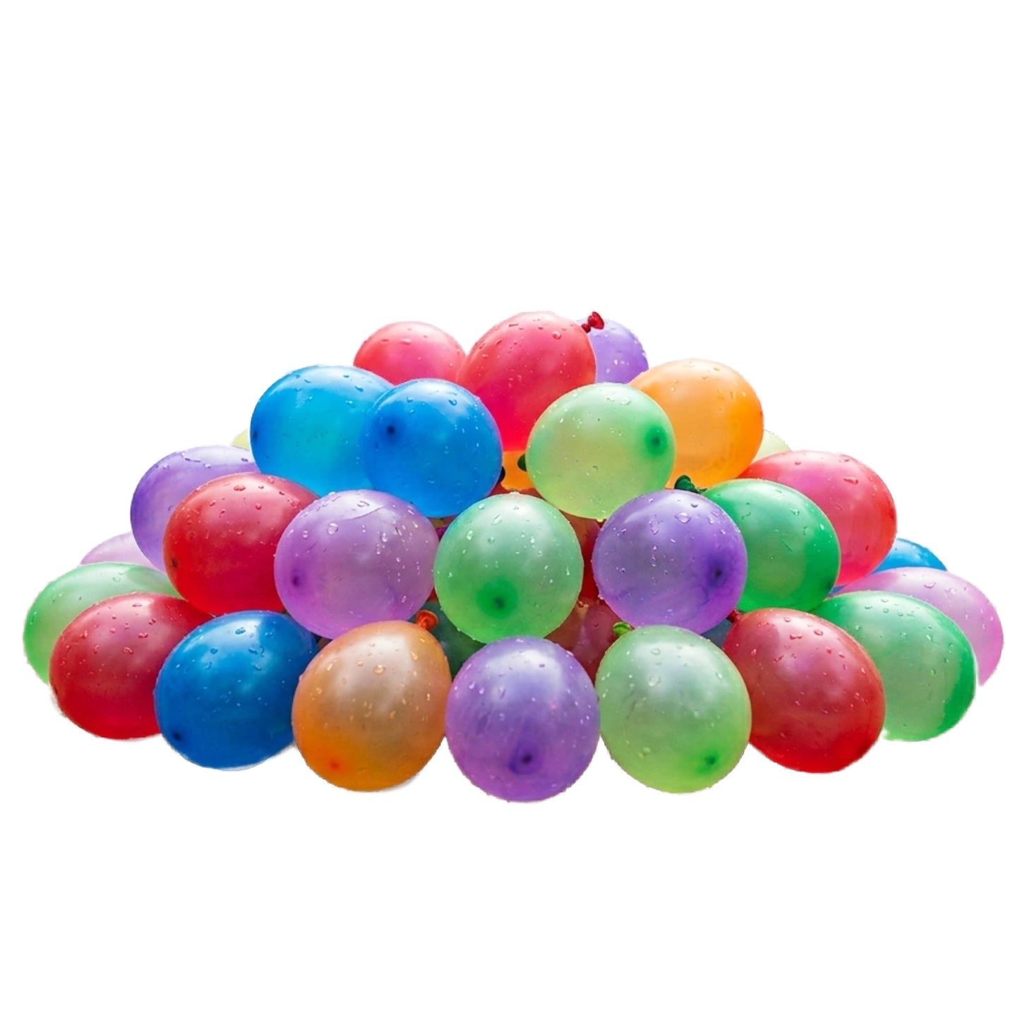 En hög med färgglada vattenballonger i blått, rött, grönt, lila, orange och gult ligger samlade mot vit bakgrund.