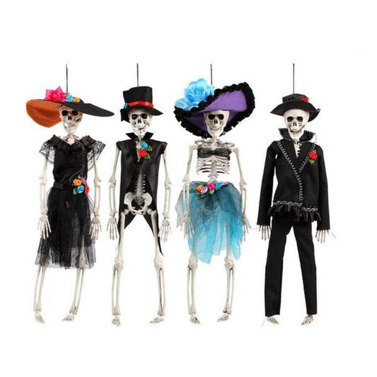 Fyra olika varianter av ett Färggrant Hängande Day of the Dead Skelett, uppklädda i festliga kläder och hattar.
