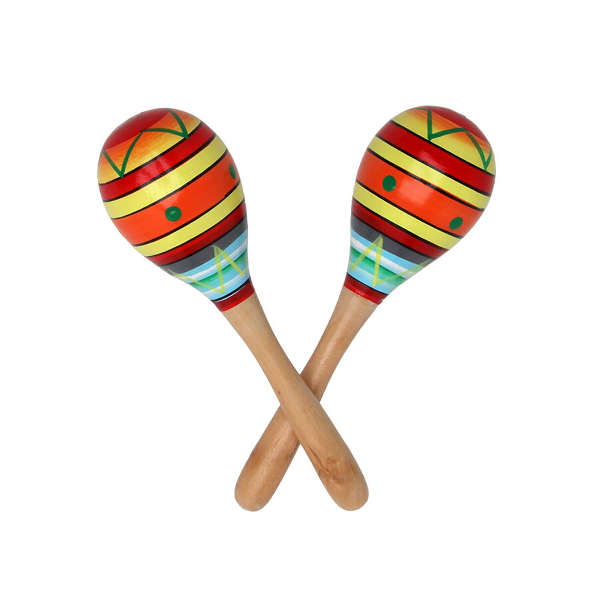 Ett par klassiska, färgglada maracas i trä med ränder i rött, orange, gult och blått, lagda i kors mot en vit bakgrund.