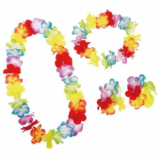 Ett set med en flerfärgad Hawaiikrans, en matchande blomsterhuvudbonad och två blomsterarmband, presenterat mot en vit bakgrund för en tropisk fest