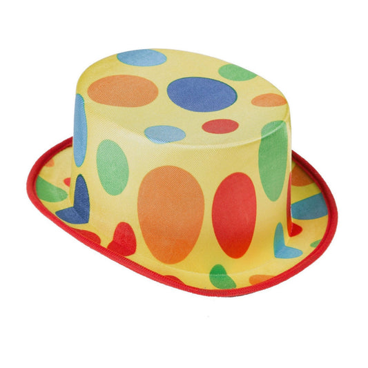 En hög, gul clownhatt i cylinder-modell, dekorerad med stora, färgglada prickar i rött, blått, grönt och orange, och en röd kant.