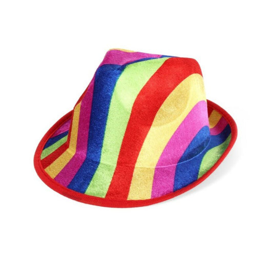 En Färgsprakande Regnbågsfärgad Fedora-Hatt i filtmaterial med böljande ränder i olika färger och en röd kant.