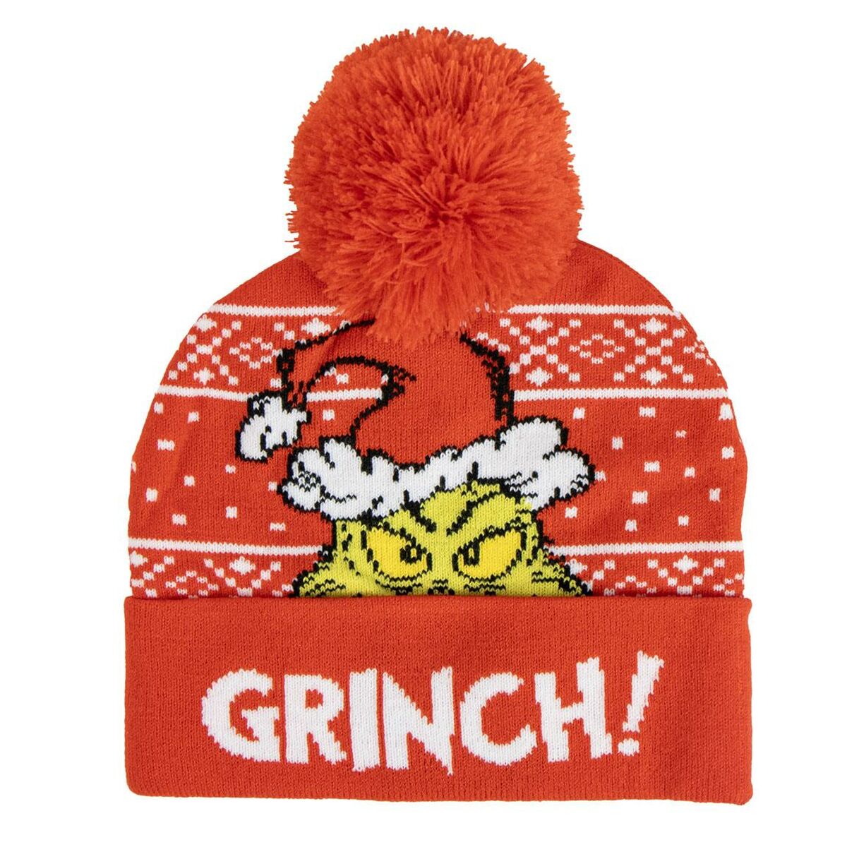 En festlig, röd stickad Grinchen-mössa med en stor orange tofs och texten 'GRINCH!'