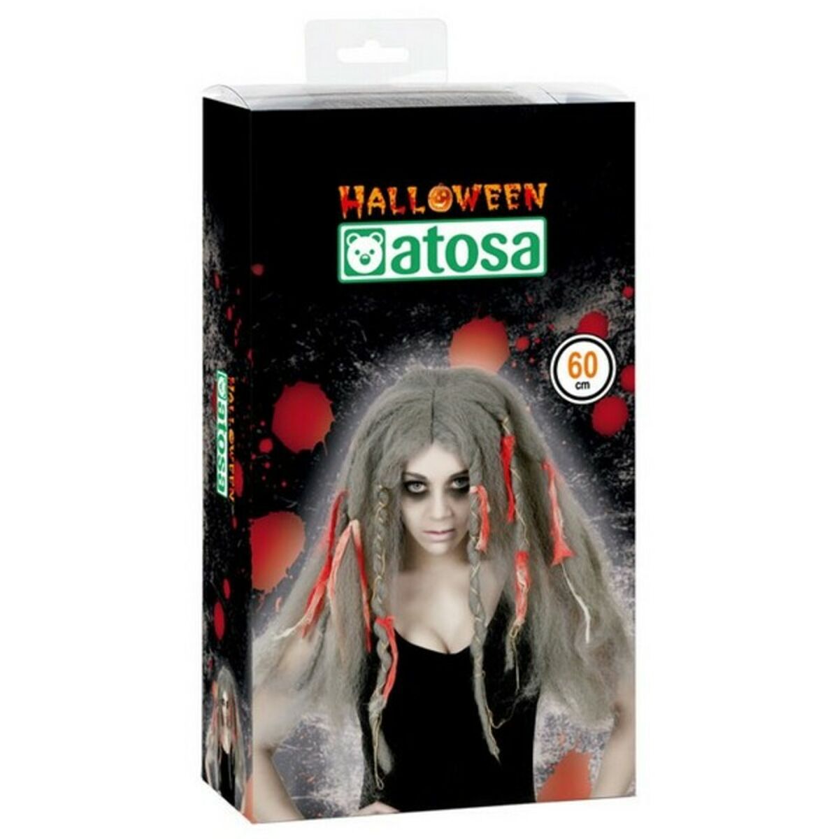 Svart halloweenperuk förpackning med Kvinna med grå dreadlockperuk och röda tygband