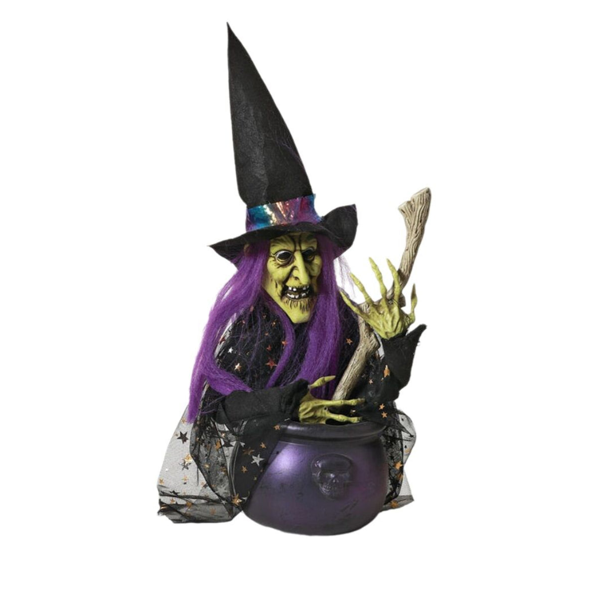 En Förtrollande Häxa-dekoration med lila hår, en spetsig hatt och en bubblande kittel.