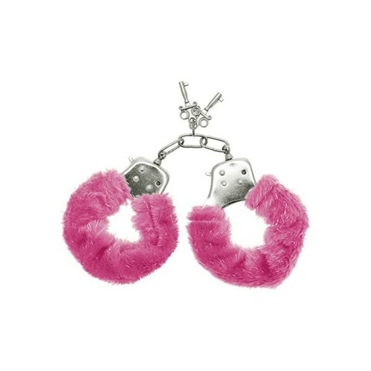 Ett par rosa Furry Cuffs i fluffigt fuskpäls, tillsammans med sina nycklar och förpackning.