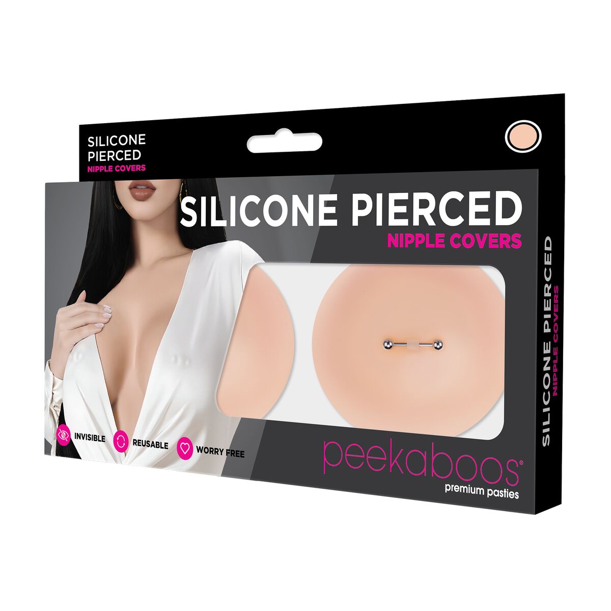 En produktförpackning för Peekaboos Silicone Pierced Nipple Covers som visar effekten av en bröstvårtspiercing under en vit silkesskjorta.